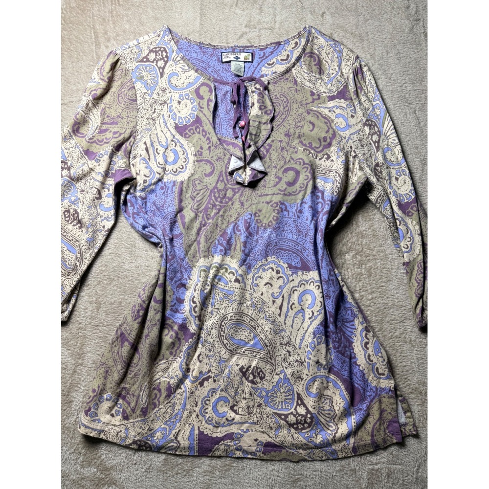 Caribbean Joe Womens Purple Paisley Ruffle Tie Neck Long Sleeve Top Size M Boho
